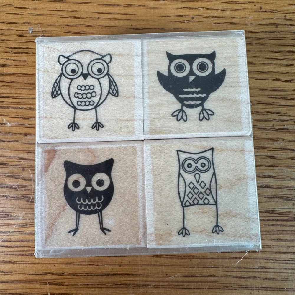 Hero Arts LP117 Owl Set 4‎ Wood Mounted Rubber Stamps New Sealed 2008